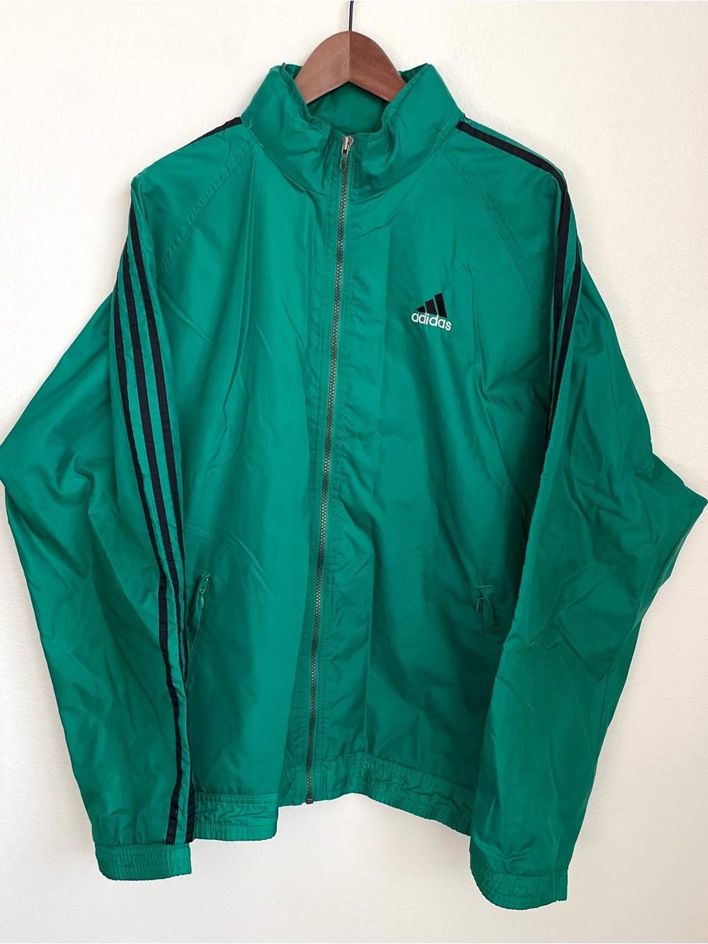 Adidas Vintage 90s Green 3-Stripe Windbreaker Track Jacket Nylon Mesh Lined Sz L